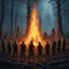 Placeholder: close up one large bonfire with its flames rising high in a clearing, around the bonfire many anthropomorphic wolf humanoids crying, dancing, singing and just watching the flames. rain, cold deep colors, around them in the background dark trees with huge trunks, rainy day, high contrast, high detail, atmospheric, dark fantasy, sci-fi atmosphere, cinematic