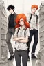 Placeholder: two boys with ginger hair plus a teenage punk girl with dark hair are standing in characteristic book cover-style poses. They are young amateur detectives. White background, mysterious atmosphere, add black cat