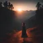 Placeholder: dark night, watching a woman from behind wearing a sleeveless dress who is walking towards a beautiful orange sunrise in the distance, mountains and forests around, photo quality