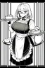 Placeholder: waitress carries tray with glasses in a cafe bar, line arts, greyscale