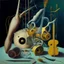 Placeholder: Abstract painting formed by a mix of human flesh-like surgical instruments and universe-like musical instruments,neuralink,minimalism,Painting By Adrian Ghenie, Rene Magritte, Salvador Dali, Lucian Freud