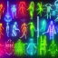 Placeholder: Futuristic, Neon, crystal, skeleton, samurai, smoke, glass, fire, water, multiple arms