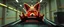 Placeholder: car driving happy 2d neon fluffy orc fox with human hands in the style of Escher and Giger and Fallout 4, pinhole cam, airbrush 3d rendering, on tv screen:A five-second cinematic single take in a clean industrial presentation hall.