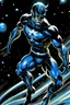 Placeholder: outer space background -- running --art style of neal adams -- an extremely muscular man wearing a black, bandit eye mask, a black, skintight, formfitting cowl, a black, skintight, formfitting kevlar bodysuit, black gloves, silver wrist gauntlets, silver belt, silver knee-high boots, silver lightning emblem on the chest, with cobalt blue eyes, a mustache and goatee, fire, lightning, wind, rain, volcanic lava, fireworks, explosions, multicolored neon lights