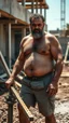 Placeholder: portrait shot photography of an ugly 43 year old chubby big robust burly arab carpenter working on the mud, dirty and wet, wearing bulging shorts, shirtless, hairy chest, serious, very virile, short beard, curly hair,, , in a sunny construction work area, photorealistic , photorealistic