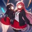 Placeholder: Clear focus,High resolution,High quality, Smiling, Black hoodie with a red collar, Wearing a red skirt, Wearing black long socks, Black Long hair with a ahoge, Red eyes, Wearing black gloves