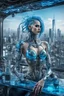 Placeholder: A beautyful biomechanical woman with tranparent glass body and blue hair, sitting in the cyberpunk rooftop bar in futuristic city, intricate details, HDR, beautifully shot, hyperrealistic, sharp focus, 64 megapixels, perfect composition, high contrast, cinematic