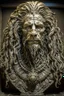 Placeholder: sculpture of handsome man with long curly hair and a lion , front view . decayed and rotting with grotesque proportions and imagery. abstract grotesqueries, detailed texture, surreal horror, biomechanical design, by hr giger and beksinski