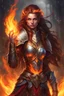 Placeholder: Capture the essence of a formidable female Paladin Druid, seemingly forged from fire, with eyes that gleam brightly, resembling flames themselves. Her long hair, half braided and cascading down, appears ablaze with the fiery magic she commands, flames dancing within its strands. Clad in light, magical armor, she wields the power of fire in her hands, while a significant scar on her face testifies to battles endured. Adorning her hair is a regal crown-like accessory, fashioned from the same myst