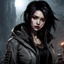 Placeholder: Attractive young female Malaysian vampire wearing a gray jacket, post-apocalyptic background, dark eyeshadow, shoulder length hairstyle, anime style, video game character, unreal engine, trending artstation, trending deviantart
