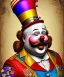 Placeholder: happy old friendly fat clown with round head and trimmed beard playing jazz with a steampunk theme, circus, realistic