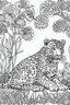 Placeholder: Outline art, leopard in the garden, cartoon style, low detail, --ar 9:11