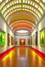 Placeholder: 3 D-shot A hall for displaying art paintings. The walls are oval-shaped, and there is an oval wall in the middle of the hall, to divide the hall into two parts, and the paintings are hung on the walls.