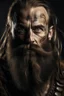 Placeholder: Portrait of a male warrior, scars on his face, long brown beard, middle age
