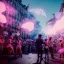 Placeholder: Ultra Realistic photo, medium shot view, drunken dancer women, carnival scene, steampunk. Pink hair, confeti, Sunglasses, smoking, happy, festival, red fog. highly detailed, concept art, unreal engine 5, ray tracing, RTX, lumen lighting, ultra detail, volumetric lighting, 3d, finely drawn, high definition, high resolution.