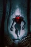 Placeholder: selenderman with shining red eyes in dark forest running towards camera