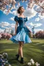 Placeholder: fullbody girl makeup wearing a victorian short dress walking in moder city of 2040 park ,flowers ,pretty clouds in blue sky,city escape.