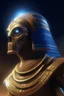 Placeholder: portrait of sand faced mummy robot, stars shining, Egyptians with the hair standing straight up in front of pyramid of Babel. 4 k, down light, depth of field, trending art, spray paint, high detail, fantasy art, alien connection, future tech