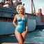 Placeholder: Marilyn in swimsuit on a large industrial ship in a photo of the style of the 90ties, she sweats and hold a trident a menacing way