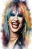 Placeholder: text "MOTLEY CRUE", head and shoulders portrait, Miss Motley Crue - well-shaped, perfect figure, perfect face, laughing, a multicolored, watercolor stained, wall in the background, professional quality digital photograph, 4k, 8k, 32k UHD, Hyper realistic, extremely colorful, vibrant, photorealistic, realistic, sharp, highly detailed, professional quality, beautiful, awesome, majestic, superb, trending on artstation, pleasing, lovely, Cinematic, gorgeous, Real, Life like, Highly detailed,