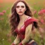 Placeholder: Feiticeira escarlate, Elizabeth Olsen, feiticeira, magia, rosto detalhado belo, bonita, cenário em um campo de flores, cinematográfico, dramático, por do sol, campo de flores, cores frias