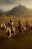 Placeholder: detailed oil painting, renaissance style, of mounted knights galloping across an open field, swords in hand, mountains in distance