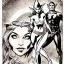 Placeholder: two elves. woman and man. Christmas scene. poster. marvel comic. low-key