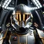 Placeholder: star wars bald male corellian pilot wearing dark gunmetal grey and black First Order special forces TIE pilot armored flightsuit and helmet with gold trim inside the jedi temple, centered head and shoulders portrait, hyperdetailed, dynamic lighting, hyperdetailed background, 8k resolution, volumetric lighting, light skin, fully symmetric details