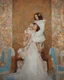 Placeholder: Masterpiece, fine art, award winning, "the Kiss in a chair by Gustav Klimt", RAW photo, eye candy in the style of (petra collins::Robin Eley:1.5), (Suhaila Ben Lachhab::Heidi Moussa:1.5) in breathtaking cinematic shot (full body shot, from below angle) that emphasizes the stunning cheek bones, texturized black hair,(big detailed eyes:1.5) (cottagecore aesthetic:5) with extreme sensuality, Irresistible with (porcelain skin:4.8), sitting on an old chair, retro vintage style