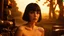 Placeholder: low-level shop of Louise Brooks looking down at the camera with a warm-toned fantasy landscape behind her