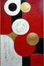 Placeholder: create picture of "Create an abstract painting in a vertical format, dominated by rich shades of red, white, black and shimmering gold. Emphasize textured surfaces and incorporate swirling, with golden lines, crescent-moon-like shapes. Include subtle hints of intricate, calligraphic-inspired details in black within golden big circular or oval forms."