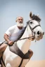 Placeholder: half figure shot photography of a burly arab strongman, white beard, sweat, hairy chest, 63 year old, big eyebrows, curly hair, white t-shirt, big belly, side view from the ground, riding a white horse in the desert under the sun, photorealistic, ambient occlusion