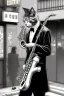 Placeholder: One single mature cat playing saxophone on the street, Osaka, thoughtful, mourning, model style, hyper realistic, extremely accurate, delicate, extremely detailed, Graphic novel style, wide-angle, open aperture, superfine pencil