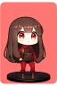 Placeholder: a full-body shot of a woman with long brown hair, red eyes, with a 'bad girl' vibe wearing black and red leather, ((Chibi anime doll style)), on a circular figurine stand, intricately detailed, splash art background