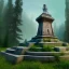 Placeholder: Monument, abandoned city centre, statue of human on top, look from distance, buildings visible whole statue, overgrown statue and monument, realistic, highly detailed