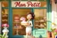 Placeholder: sign "Mon Petit" 3D video game character elegant young woman enthusiastically and cheerfully comes out of a dessert store, cake box in her hand, in the window cakes, cookies, macarons and flowers in sunshine