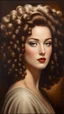 Placeholder: grant wood painting style , a portrait of a beautiful woman with large curly hair , front view with dark brown side lighting background, ultra high quality with ceramic lighting