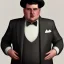 Placeholder: A portrait of a 1930s Italian-American businessman in his late 20s with a black bowler hat and a suit. He is obese