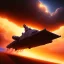 Placeholder: volumetric desert environment, Ralph McQuarrie style painting of an armored hovercraft with cannon, floating in the air, highly detailed, minutiae, clouds, storm, renderman, duststorm at sunrise,