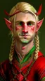 Placeholder: A young elf with blond hair in a single braid, green eyes and a small smile. He is dressed in an artist's costume mixing red and black as the main color.