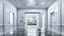 Placeholder: A minimalist white room with sleek, futuristic doors leading to different historical eras, the ceiling an inverted ocean reflecting a stormy sky, waves crashing above, creating a dramatic contrast.