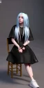 Placeholder: Billie Eilish, sitting on a chair, Black Short Dress, high detail, realistic