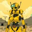 Placeholder: a feminine robot, yellow, post apocalyptic, fallout, vintage anime