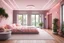 Placeholder: Realistic, detailed, interior bedroom, modern, pastel pink walls, The door leading to the balcony has many small leafy trees, flower pots on the floor and flower pots hanging on the balcony, divided white ceiling, warm LED lights, rose ceiling lights,white pillows, gray pillows, pink pillows, cream-colored rugs, staggered wooden floor 800x150, minimalism style white ceiling, white fence, glass door and window, white metal gate, pink and peach color scheme,, tropical garden, tropical , orange fl