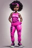 Placeholder: Create an airbrush image of a curvy chibi cartoon black female wearing a hot pink jogger set and black sneakers. Prominent make up with hazel eyes. Extremely highly detailed of messing curly bun