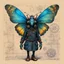 Placeholder: Jean-Baptiste Monge style hand drawn technical,full body portrait illustration , with detailed blueprints and engineering schematics of a walking hybrid Madagascan sunset moth insect girl, with highly detailed facial features, drawings, and technical notation, 8k, vibrant natural colors