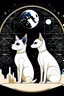 Placeholder: A sleek Siamese cat and a corgi dog sitting side-by-side, gazing out at a starry night sky with a sense of wonder. Style: Art Deco, with geometric shapes and metallic accents. Mood: Dreamy and peaceful. Lighting: Cool moonlight and twinkling stars. T-shirt design graphic, vector, contour, white background.