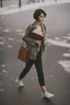 Placeholder: color photo of a student girl 22 years old ,short hair with her books in her hand walking in street,next to trees.