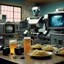 Placeholder: In a whirlwind of retro nostalgia, a 90s food television advertisement unfolds with a surreal twist. Picture this: a robot resembling a Terminator T600, holding a beer in one metallic hand and a rifle in the other, surrounded by a multitude of retro TV sets flickering with static. The scene is a chaotic blend of futuristic tech and vintage aesthetics. Amidst the sea of TV sets, the Terminator robot finds itself in the company of Japanese agent provocateur model women, each one exuding an alluri