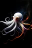 Placeholder: a realistic small white squid with long tentacles floating in a black ocean with bursts of vibrant ink in bright colors surrounding